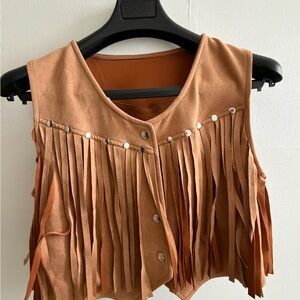 SHEIN Tan Fringe Cropped Button Up Vest